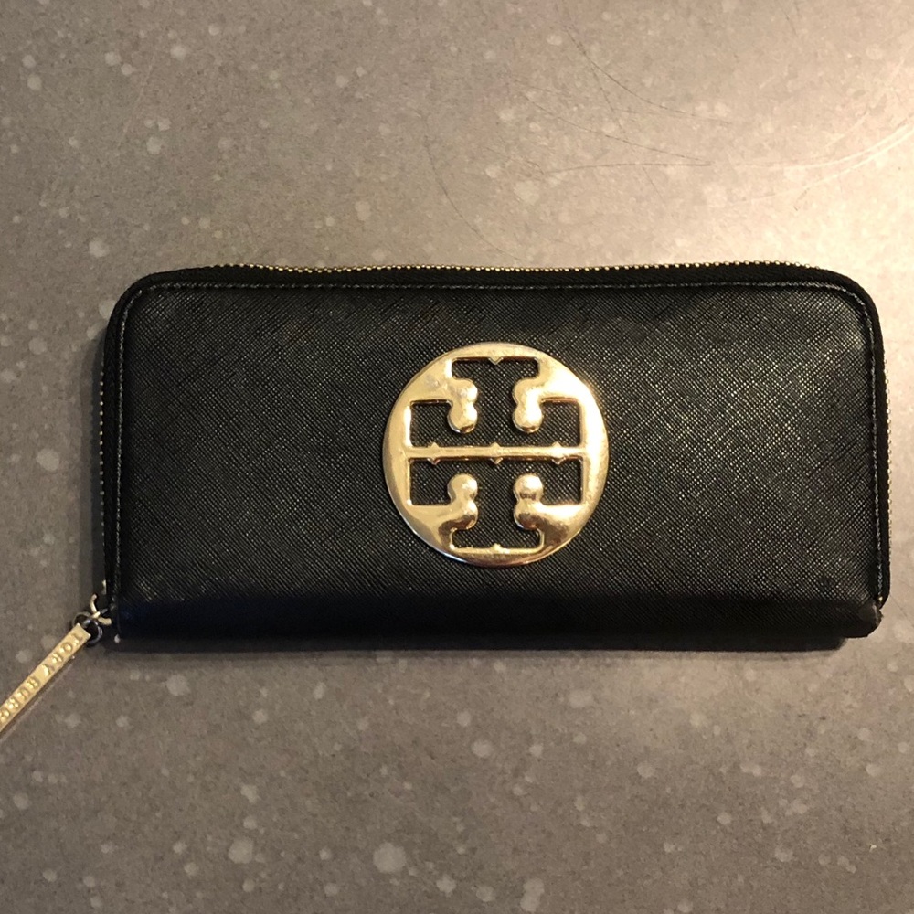Tory Burch Wallet Saffiano Gold Emblem - Black